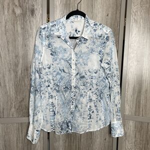 Max Volmary Button Up Shirt Lux Collared Sequined Blue and White